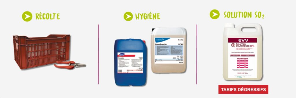 Retrouvez des prix compétitifs sur notre matériel de récolte, nos produits d'hygiène, la solution SO2