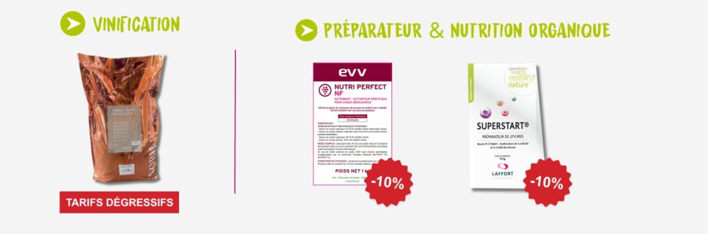 Retrouvez des prix compétitifs sur nos produits de vinification, préparateur et nutrition organique