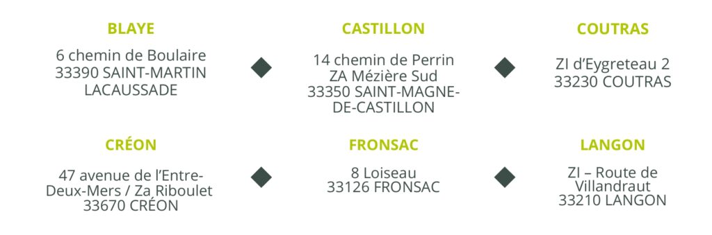 Retrouvez nos magasins Point Vert - EVV : Blaye, Castillon, Coutras, Créon, Fronsac et Langon.